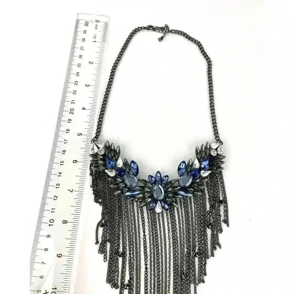 Gray Metal Rhinestone Chain Statement Necklace 13" Blue Clear Retro Boho Dangle - Picture 8 of 11